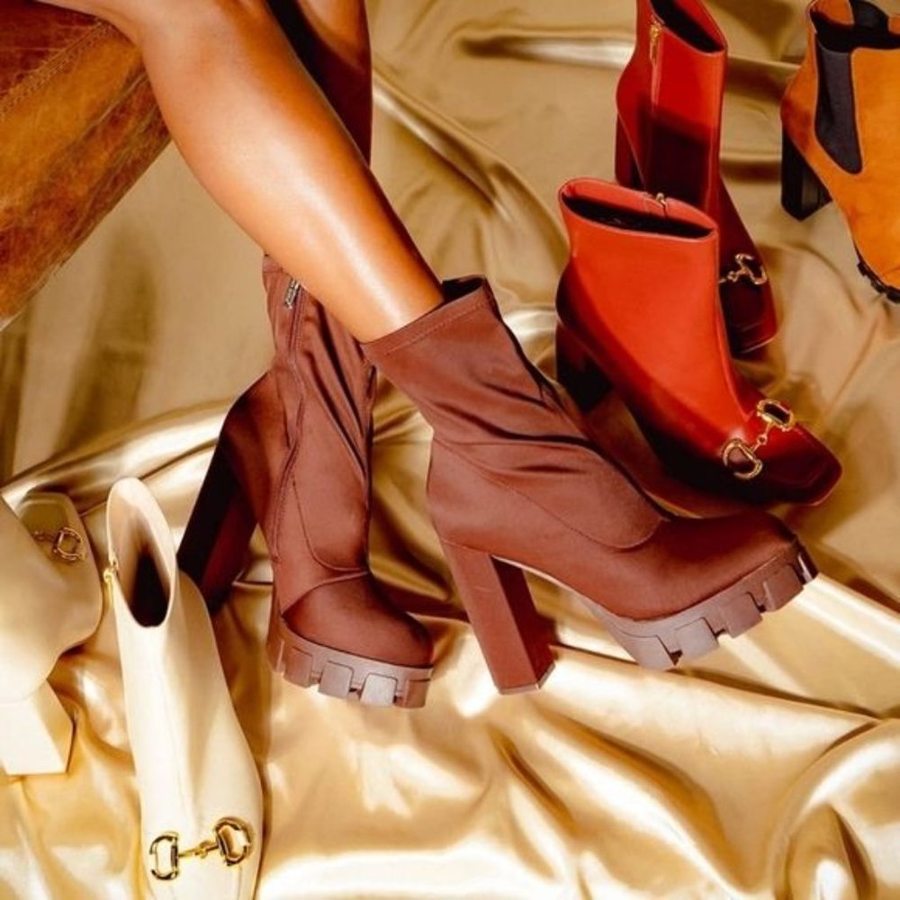Women's Platform Ankle Chunky Heel Boots Brown Color - Picture 5 of 5